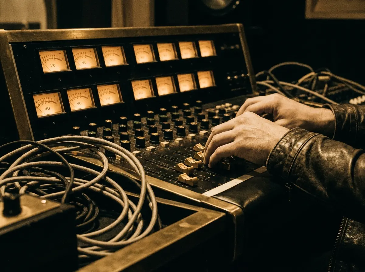 Analog console faders glowing amber