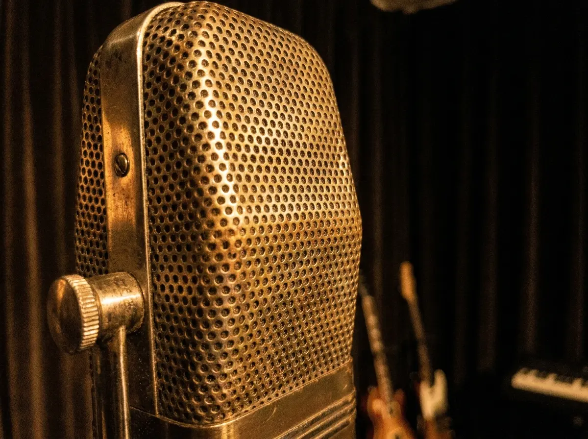 Vintage ribbon microphone in warm light