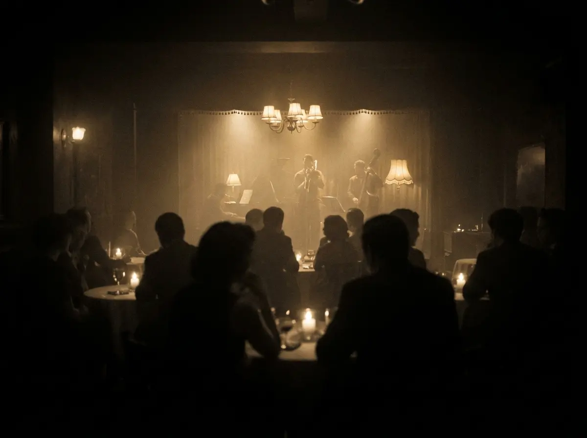 Intimate jazz club with candlelit tables