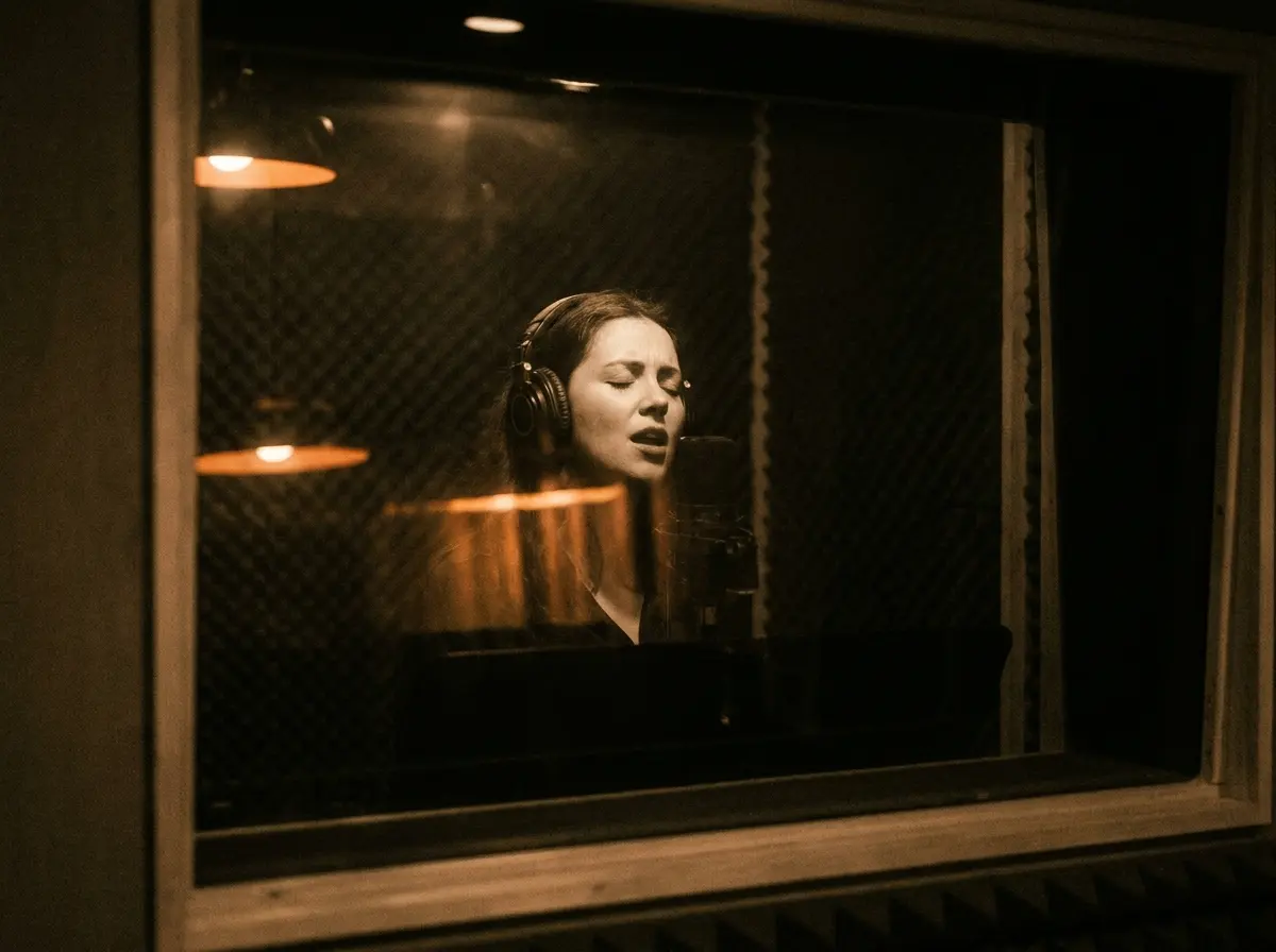 Singer recording behind studio glass